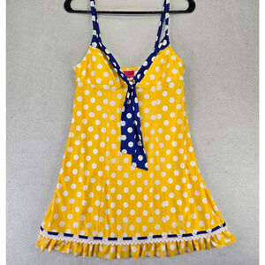 Betsey Johnson Retro Swim Dress Womens M Polka Dot Yellow Blue Cover Up Pin Up